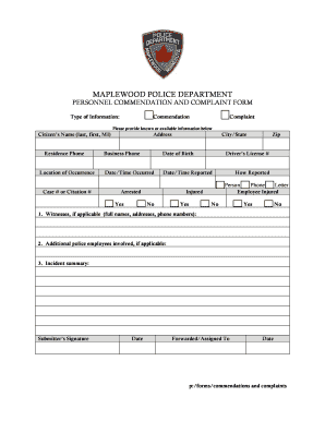 Maplewood Police Commendation and Complaint Form