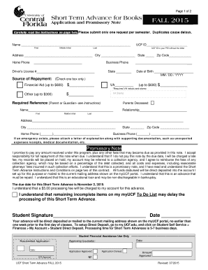 Short Term Advance for Books Application and Promissory Note