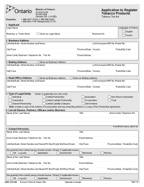 Ontario Tobacco Tax Registration Application