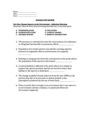 Ecology Unit Review Form