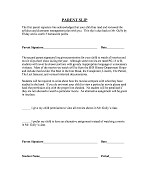 Parent Permission Slip for Movie Viewing