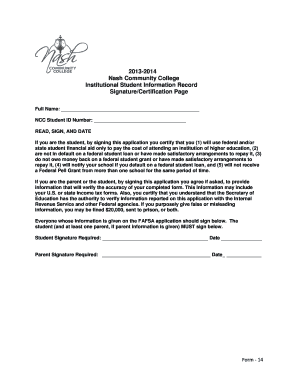 Nash Community College Student Information Record