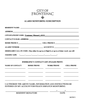 Alarm Monitoring Subscription Form
