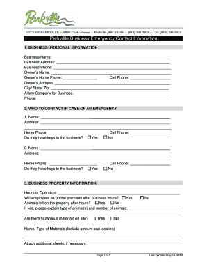 Business Emergency Contact Information Form