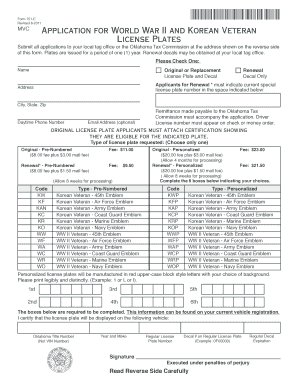 Oklahoma WWII and Korean Veteran License Plate Application
