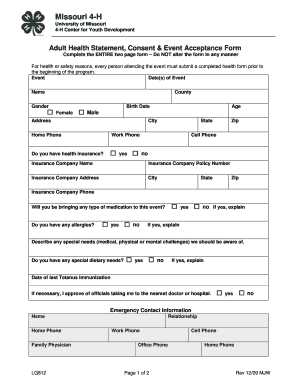 Missouri 4-H Adult Health Statement and Consent Form