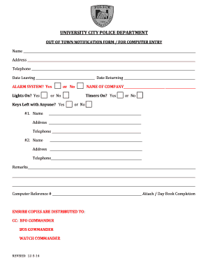 University City Police Out of Town Notification Form