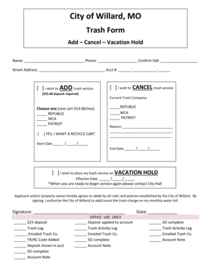 City of Willard Trash Service Form