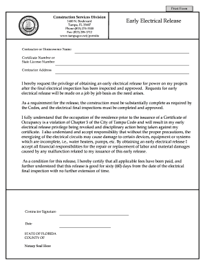 Early Electrical Release Request Form