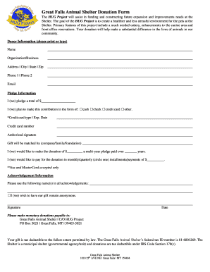 Great Falls Animal Shelter Donation Form