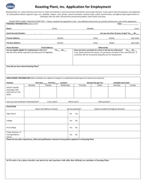 Roasting Plant Employment Application Form