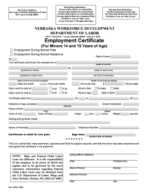 Nebraska Employment Certificate for Minors