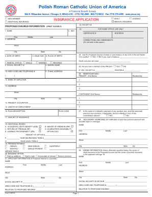 Polish Roman Catholic Union Adult Insurance Application