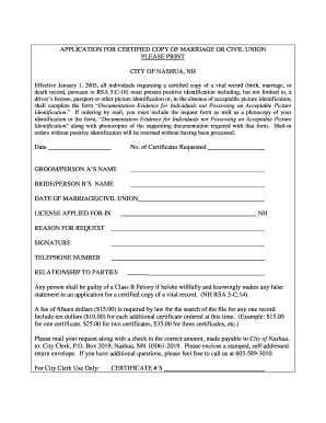Application for Certified Copy of Marriage or Civil Union