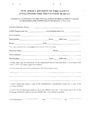 New Jersey Fire Door Installation Affidavit