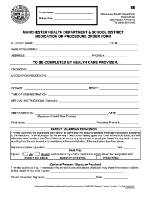 Manchester Health Department Medication Order Form