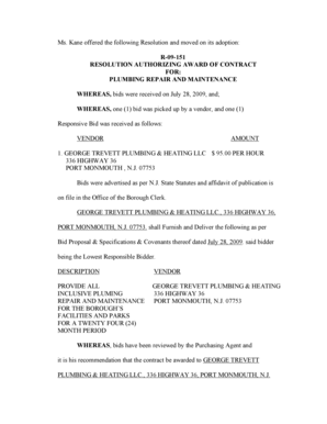 fillable online r 09 151 plumbing contract highlandsnjus fax email plumbing contract