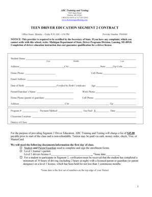 Teen Driver Education Segment 2 Contract