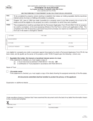 New Hampshire PA-33 Property Tax Credit or Exemption Form