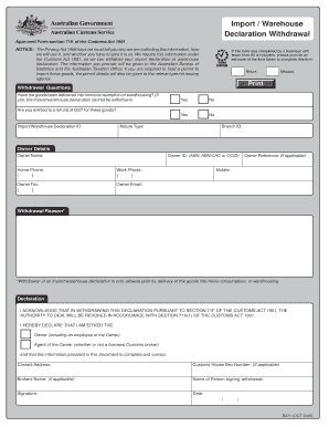 Australian Import/Warehouse Declaration Withdrawal Form