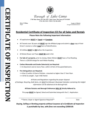 Residential Certificate of Inspection for Sales and Rentals