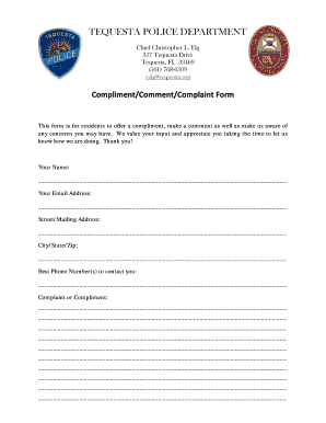 Tequesta Police Compliment/Comment/Complaint Form