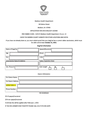 2016 Dog/Cat License Application