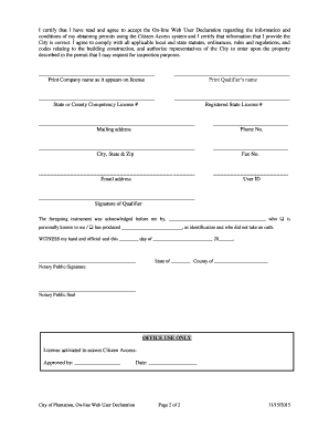 City of Plantation On-Line Web User Declaration