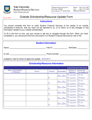 Yale University Outside Scholarship Update Form