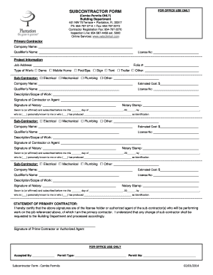 Subcontractor Form for Combo Permits