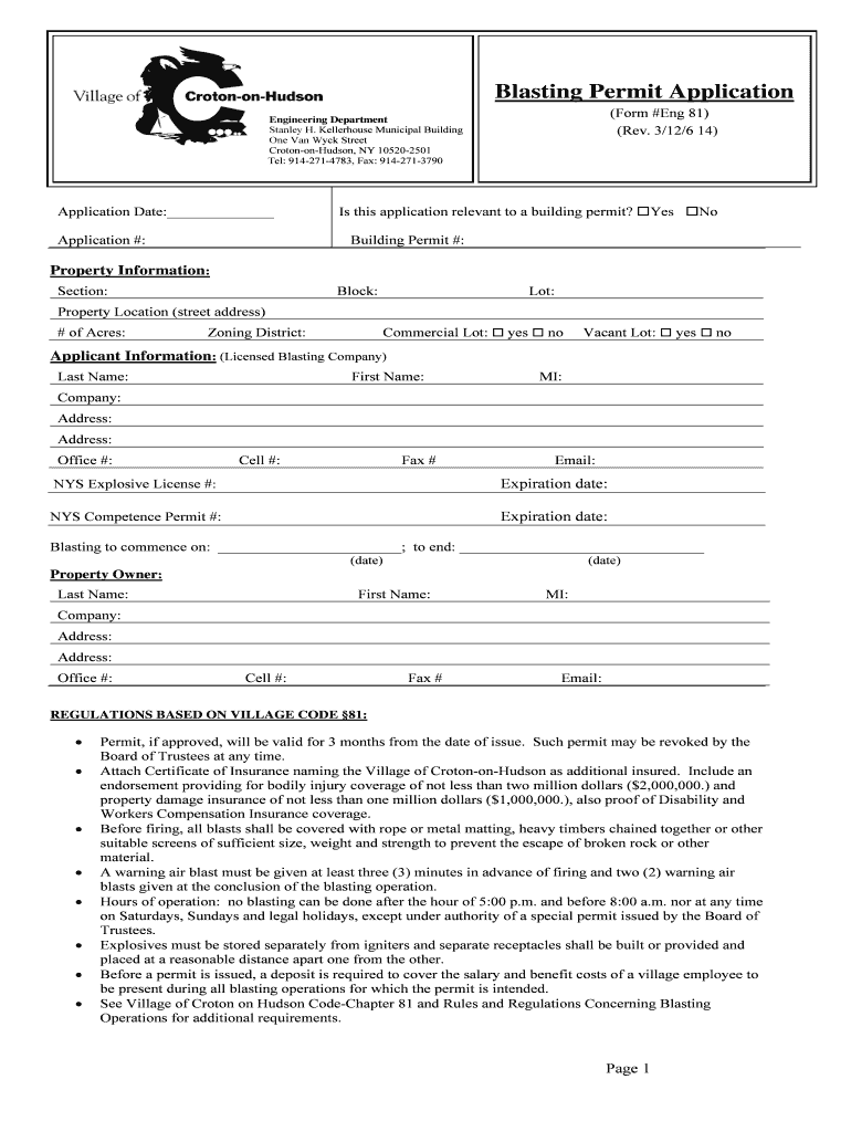 Fillable Online village crotononhudson ny Blasting Permit Application