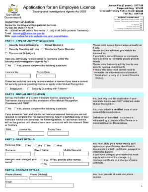 Tasmania Employee Licence Application