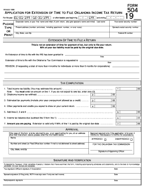 Oklahoma Income Tax Return Extension Form 504