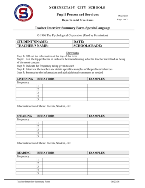 Teacher Interview Summary Form-Speech/Language