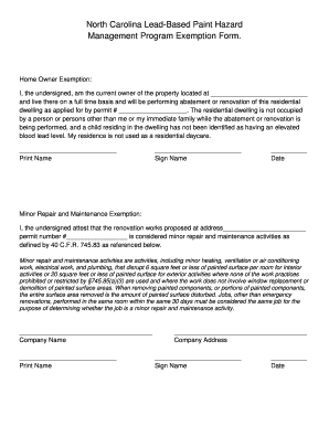 North Carolina Lead-Based Paint Renovation Exemption Form
