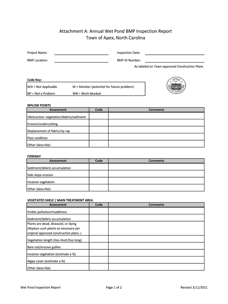 Fillable Online apexnc Attachment A Annual Wet Pond BMP Inspection ...