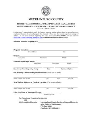 Mecklenburg County Business Personal Property Change of Address Notice