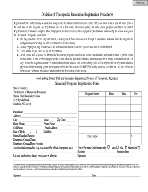 Therapeutic Recreation Program Registration Form