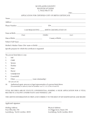 Scotland County Birth Certificate Application