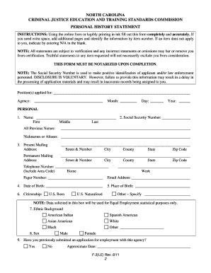North Carolina Personal History Statement for Law Enforcement