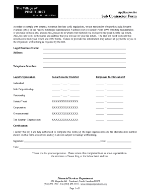 North Carolina Subcontractor Form