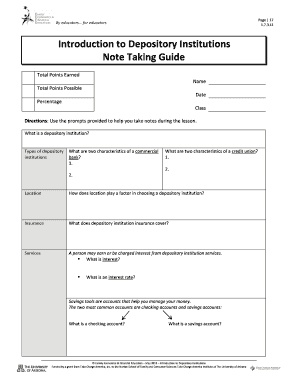 Introduction to Depository Institutions Note Taking Guide