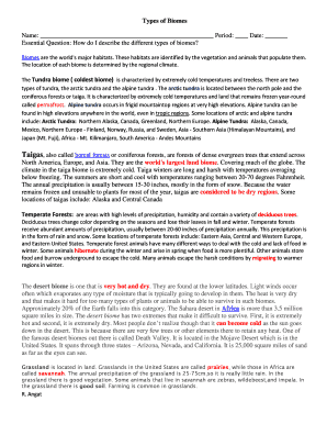 Types of Biomes Worksheet