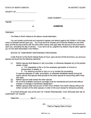 North Dakota Summons and Temporary Restraining Provisions