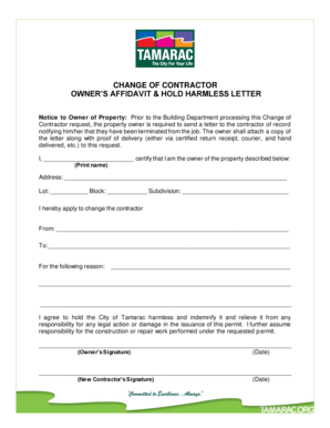 CHANGE OF CONTRACTOR OWNERS AFFIDAVIT HOLD HARMLESS LETTER - tamarac