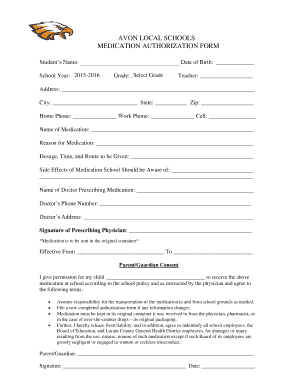 Avon Local Schools Medication Authorization Form