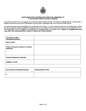 Supplementary Information Form for Catholic School Admission