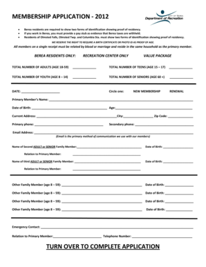 Berea Recreation Center Membership Application