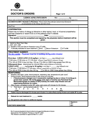 Lidocaine Infusion Doctor's Orders