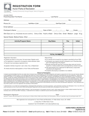Huron Parks & Recreation Registration Form